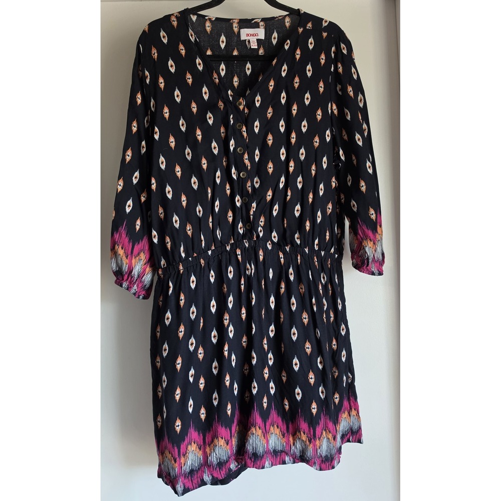 Bongo Romper XL Black Orange Ikat Long Sleeve Collared Boho Jumpsuit